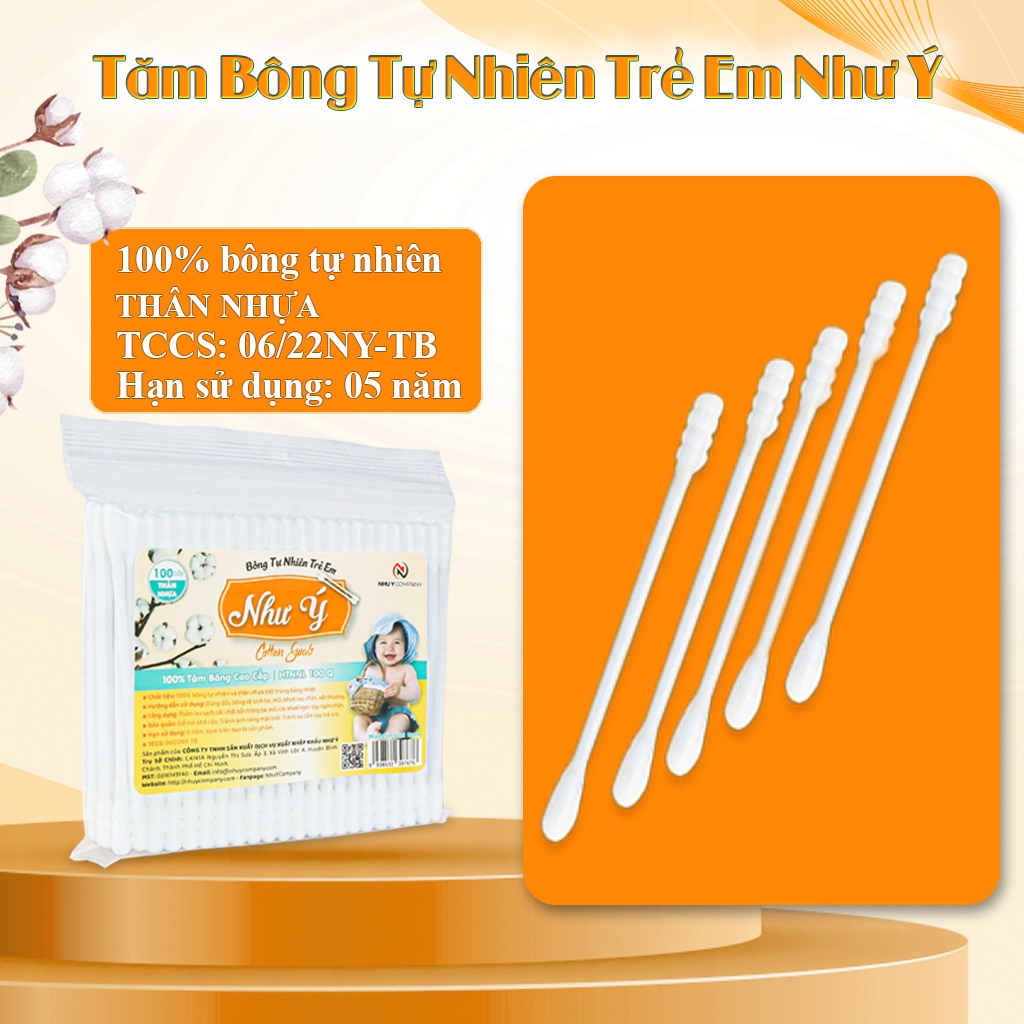 Combo 3 bịch tăm bông tự trẻ em thân nhựa Như Ý Company 100% cotton, thân nhựa - Bịch 100 cây