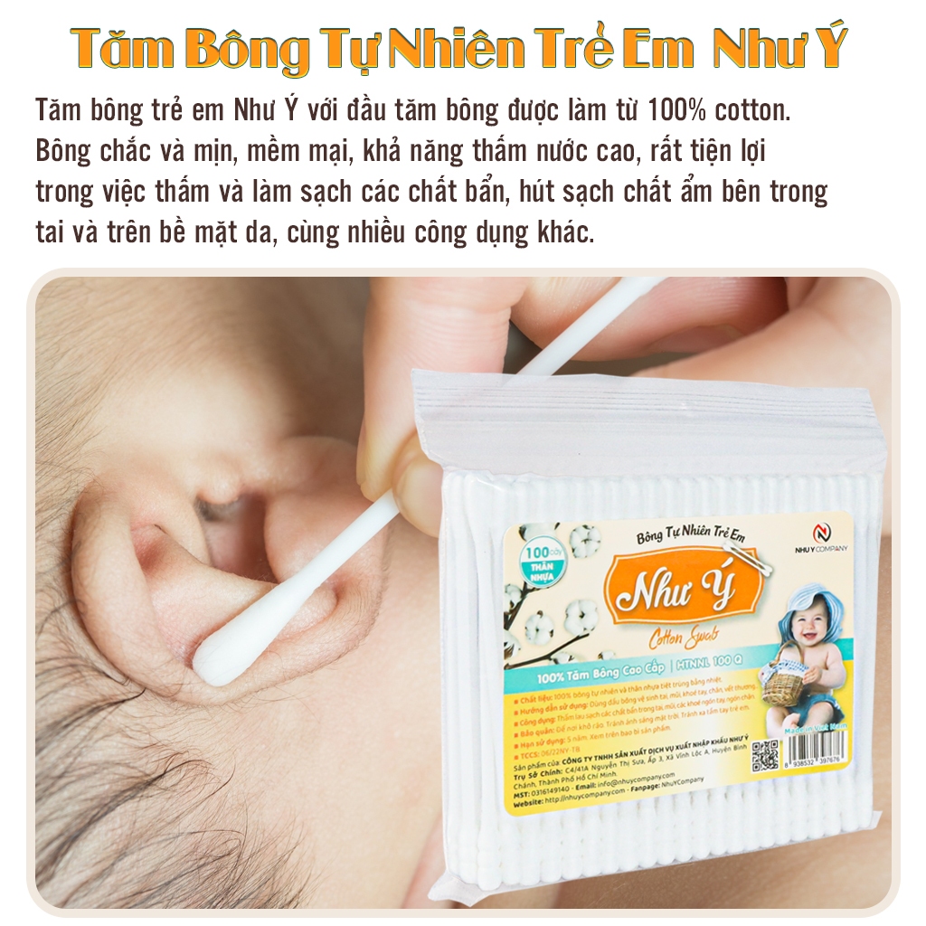 Combo 3 bịch tăm bông tự trẻ em thân nhựa Như Ý Company 100% cotton, thân nhựa - Bịch 100 cây
