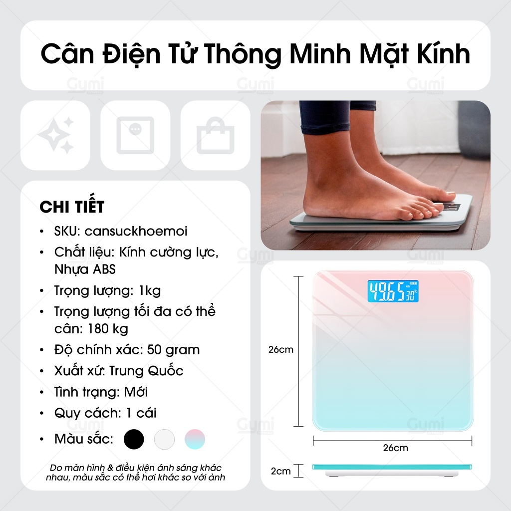 [Tặng Pin] Cân Sức Khoẻ Điện Tử Thông Minh, Mặt Kính Cường Lực, Nhiều Màu Sắc - CanSucKhoe02