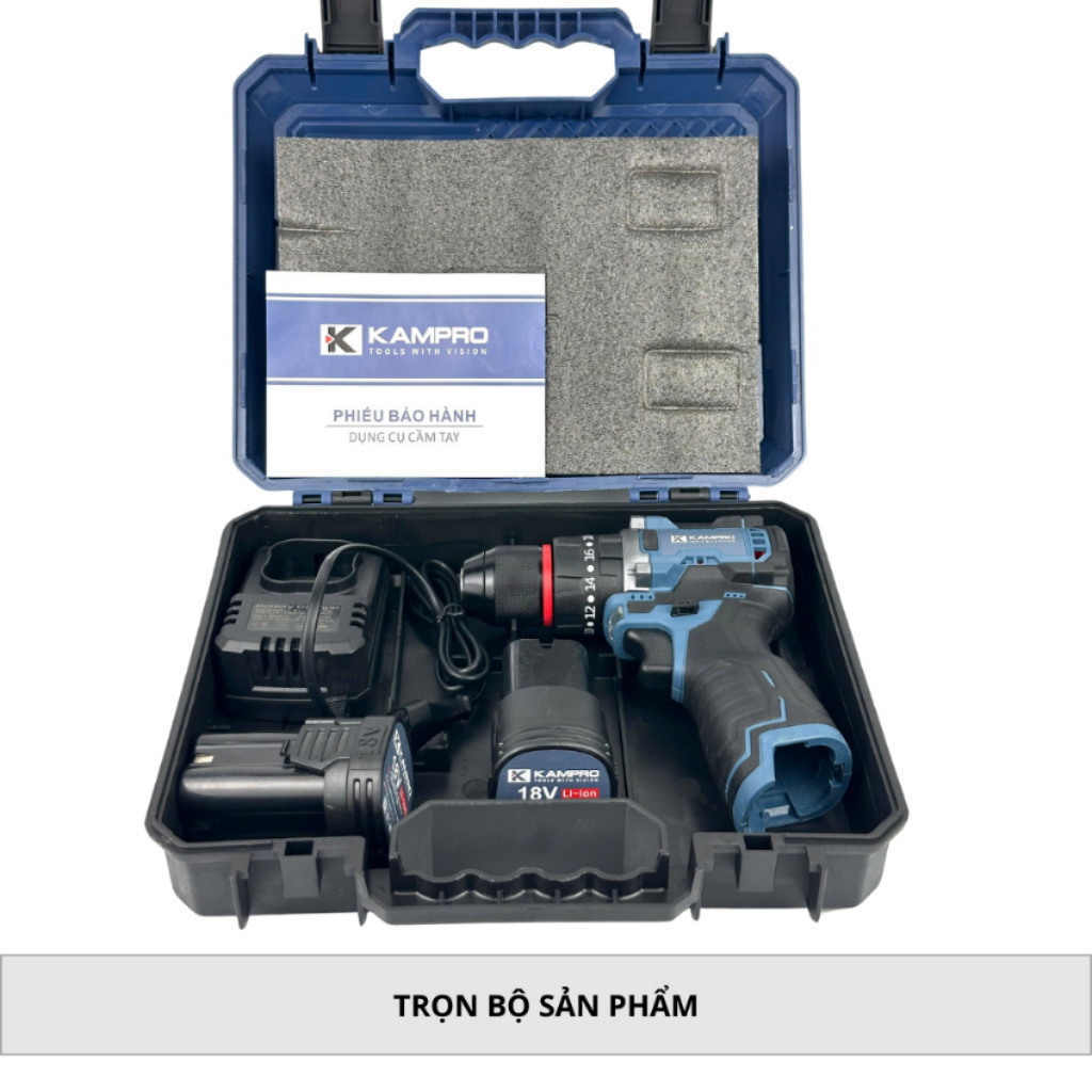 Máy khoan pin Kampro 7018 Động cơ không chổi than, 3 chức năng Đầu kẹp Autolock 10mm