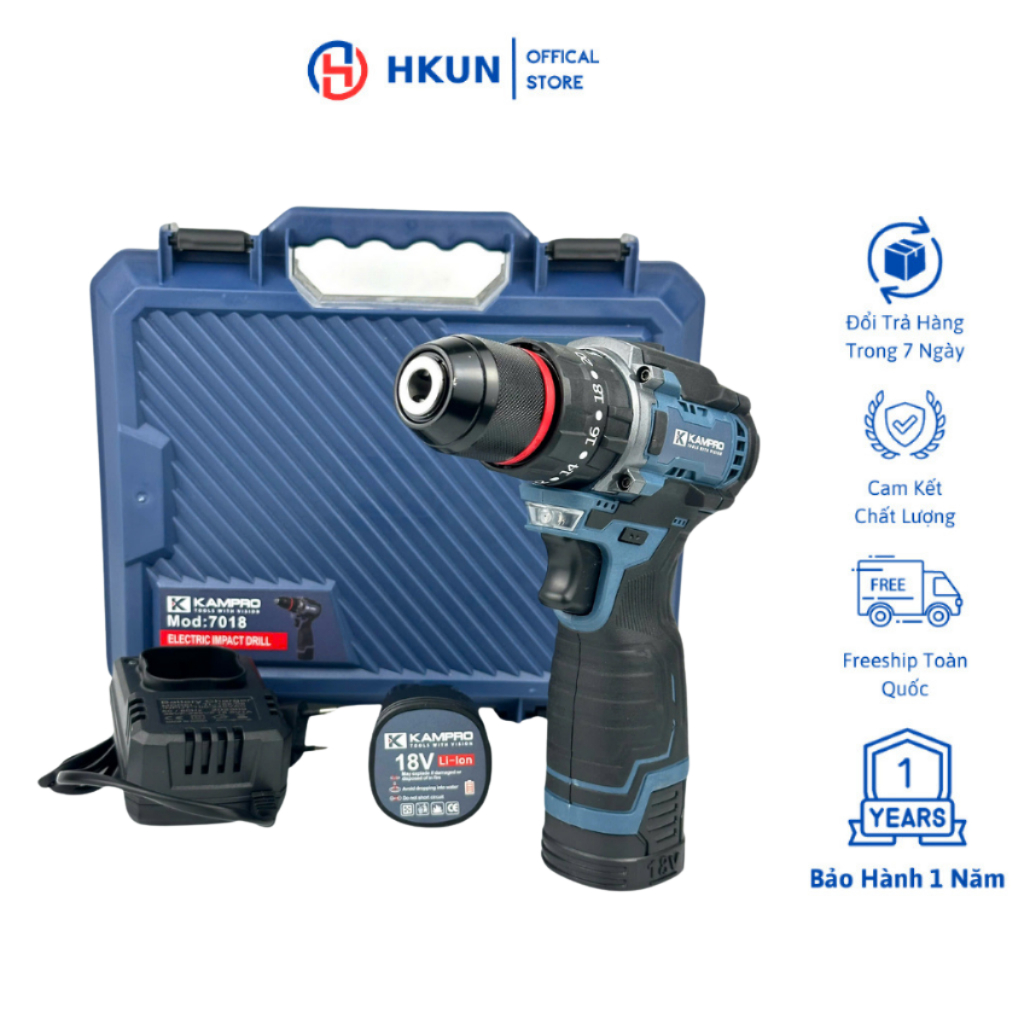 Máy khoan pin Kampro 7018 Động cơ không chổi than, 3 chức năng Đầu kẹp Autolock 10mm