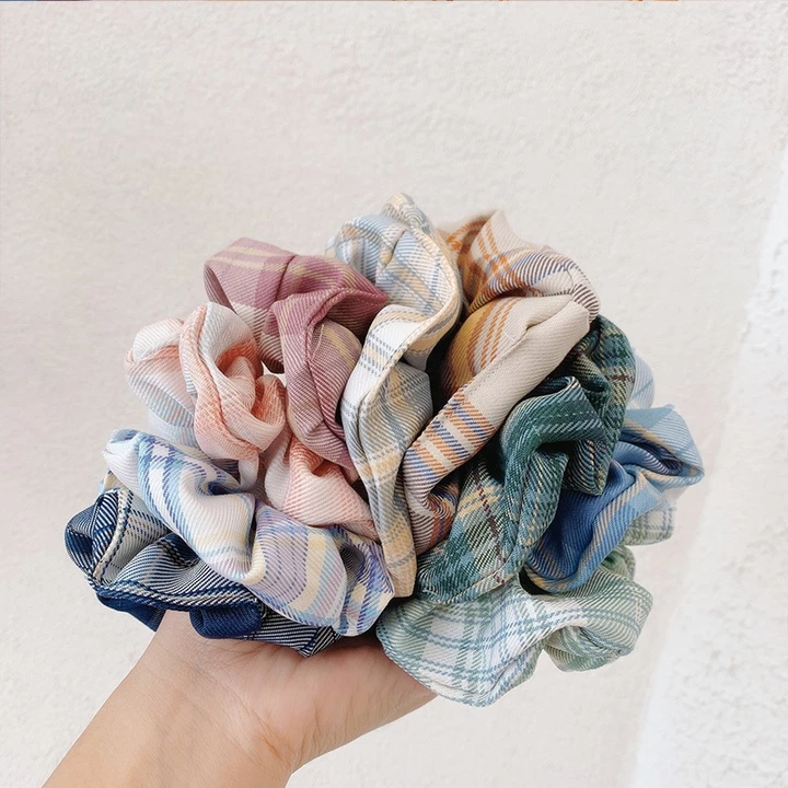 Cột Tóc Vải Scrunchies Họa Tiết Caro Vintage, Dây Buộc Tóc Scrunchies Cứng