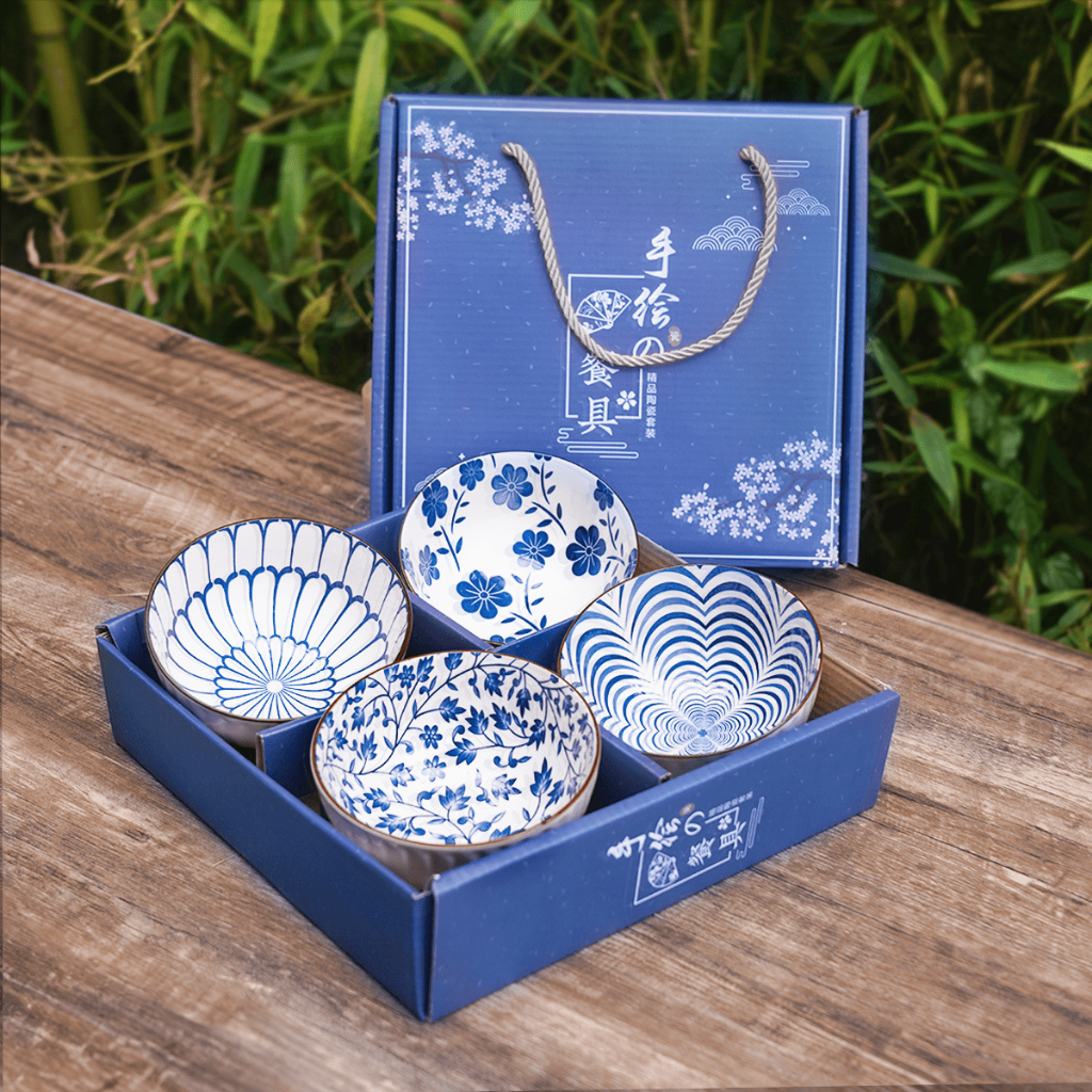 [COD]Bộ bát cao cấp / Giỏ đựng bát cao cấp / Bộ đồ ăn gốm sứ trắng xanh / Bộ bát sứ Quà lưu niệm phong cách Nhật Bản / B