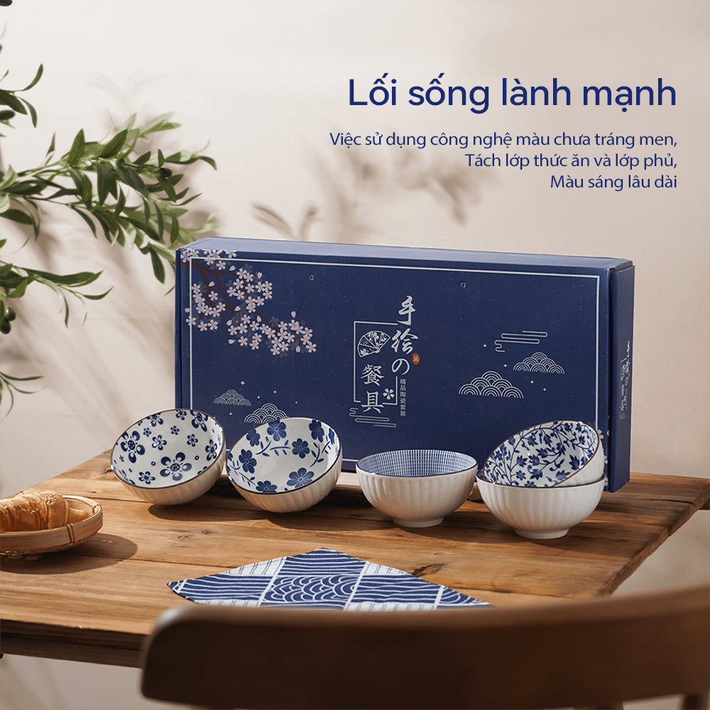 [COD]Bộ bát cao cấp / Giỏ đựng bát cao cấp / Bộ đồ ăn gốm sứ trắng xanh / Bộ bát sứ Quà lưu niệm phong cách Nhật Bản / B