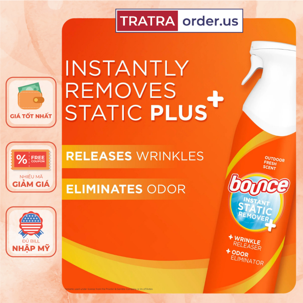 Chai Xịt thơm quần áo Bounce Instant Static Remover 3 in 1 chống nhăn khử mùi loại bỏ tĩnh điện 275g | BigBuy360 - bigbuy360.vn