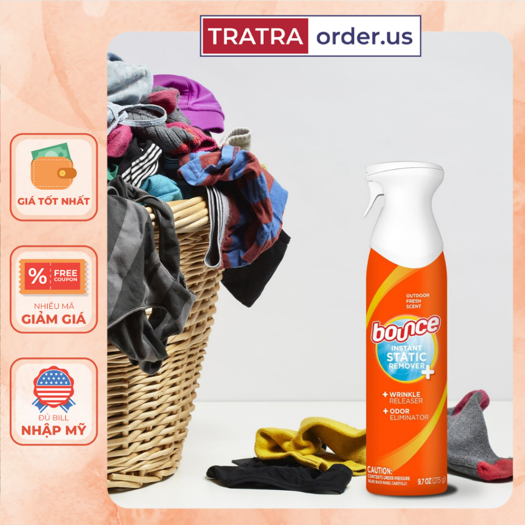 Chai Xịt thơm quần áo Bounce Instant Static Remover 3 in 1 chống nhăn khử mùi loại bỏ tĩnh điện 275g | BigBuy360 - bigbuy360.vn