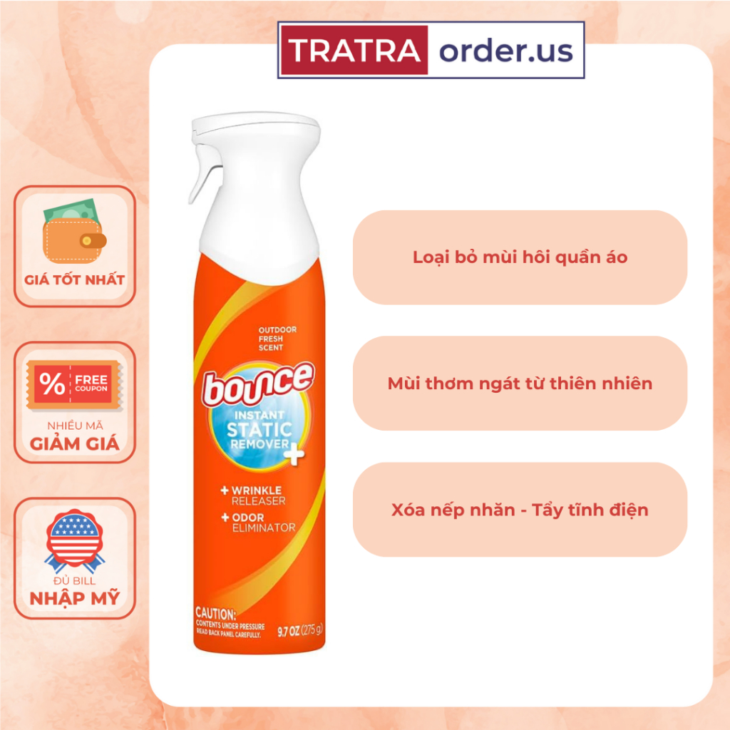 Chai Xịt thơm quần áo Bounce Instant Static Remover 3 in 1 chống nhăn khử mùi loại bỏ tĩnh điện 275g | BigBuy360 - bigbuy360.vn
