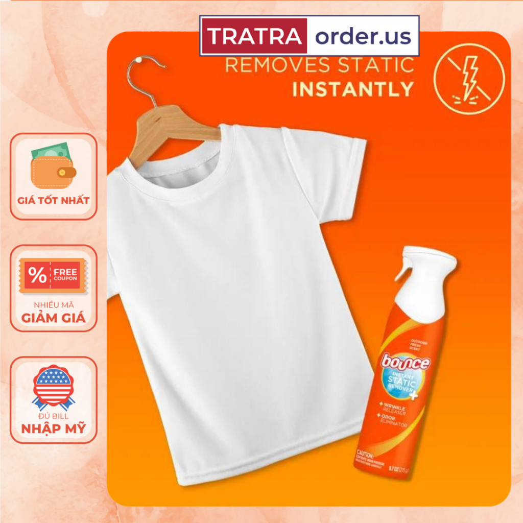 Chai Xịt thơm quần áo Bounce Instant Static Remover 3 in 1 chống nhăn khử mùi loại bỏ tĩnh điện 275g | BigBuy360 - bigbuy360.vn