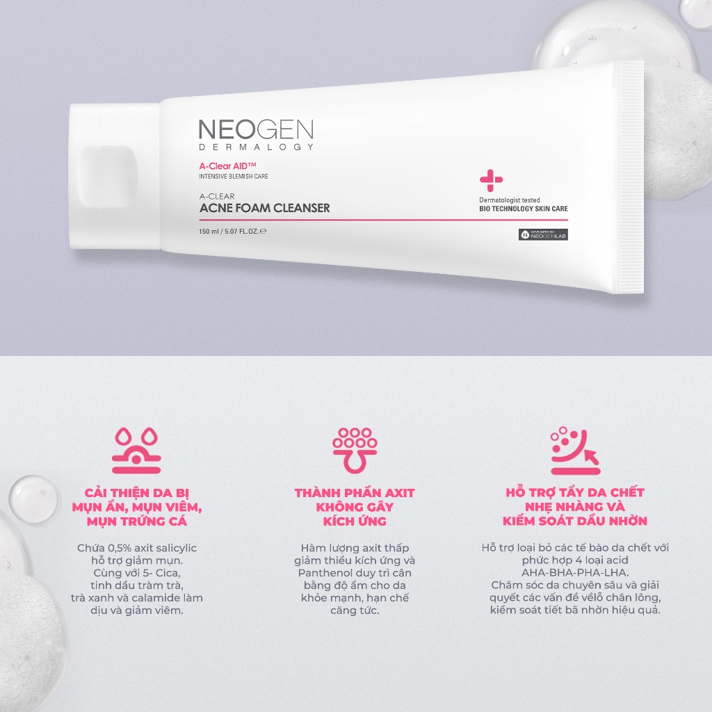 Ảnh Sữa Rửa Mặt Dạng Gel Làm Sạch Sâu Cho Da Dầu Mụn Neogen Dermalogy A-clear Acne Foam Cleanser (150ml) 3
