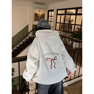 ÁO KHOÁC HOODIE FROM CHUẨN NAM NỮ , KHÓA KÉO ,HỌA TIẾT NƠ LAVIE.EN.ROSE