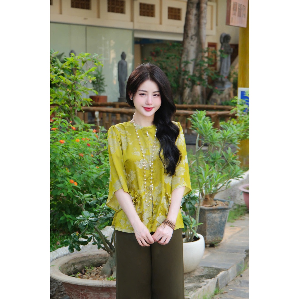 Đồ bộ đi chùa cổ tròn túi tiền lụa gấm tô châu Pháp phục đi lễ cách tân Bộ lam đi chùa tay loe gấm mềm Sang trọng