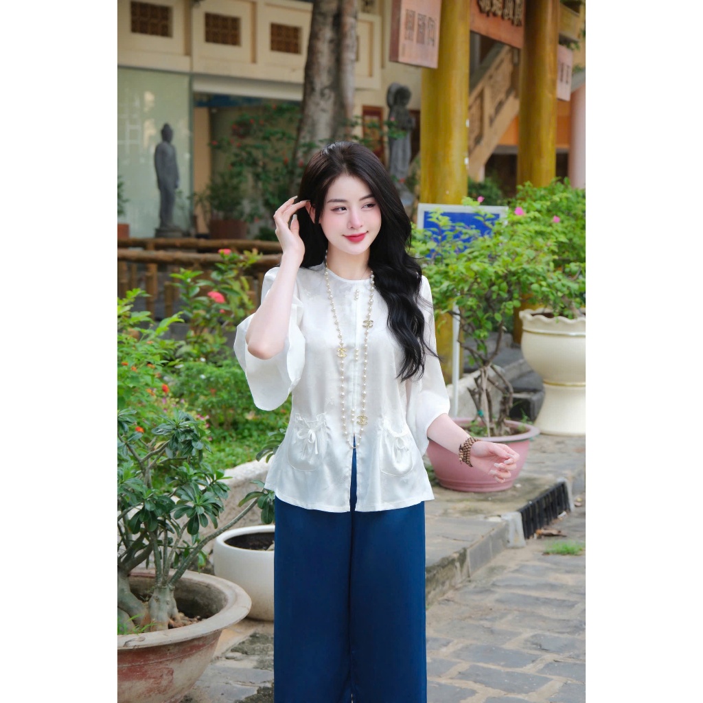 Đồ bộ đi chùa cổ tròn túi tiền lụa gấm tô châu Pháp phục đi lễ cách tân Bộ lam đi chùa tay loe gấm mềm Sang trọng