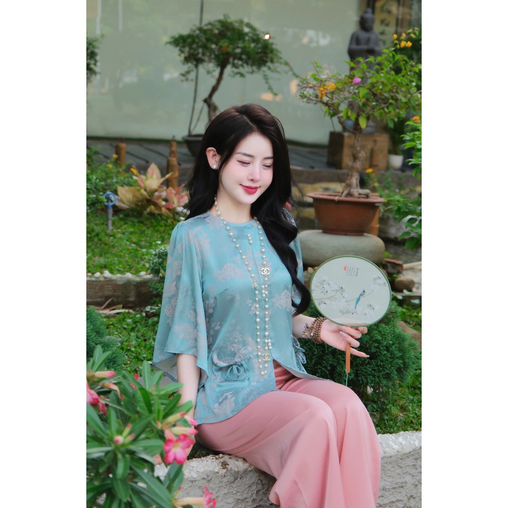 Đồ bộ đi chùa cổ tròn túi tiền lụa gấm tô châu Pháp phục đi lễ cách tân Bộ lam đi chùa tay loe gấm mềm Sang trọng