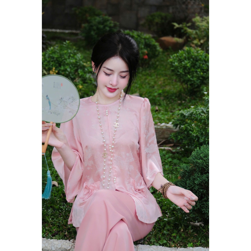 Đồ bộ đi chùa cổ tròn túi tiền lụa gấm tô châu Pháp phục đi lễ cách tân Bộ lam đi chùa tay loe gấm mềm Sang trọng