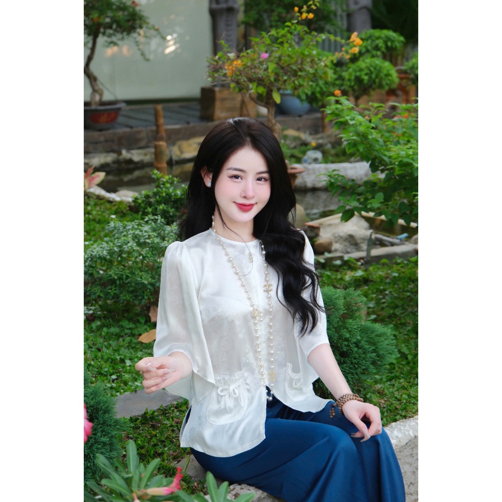 Đồ bộ đi chùa cổ tròn túi tiền lụa gấm tô châu Pháp phục đi lễ cách tân Bộ lam đi chùa tay loe gấm mềm Sang trọng
