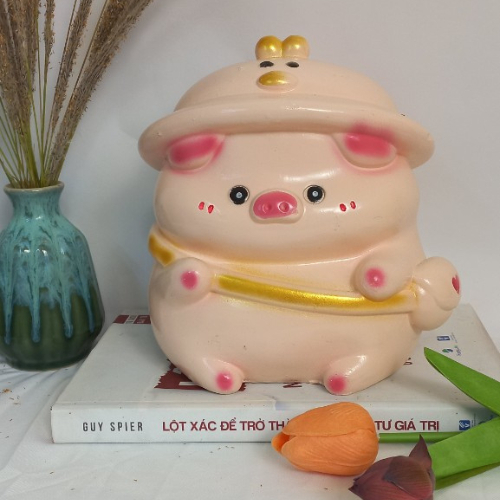 Heo đất lợn đất tiết kiệm Heo đội mũ vịt đeo túi size nhỏ- heo đất tiết kiệm trang trí, decor