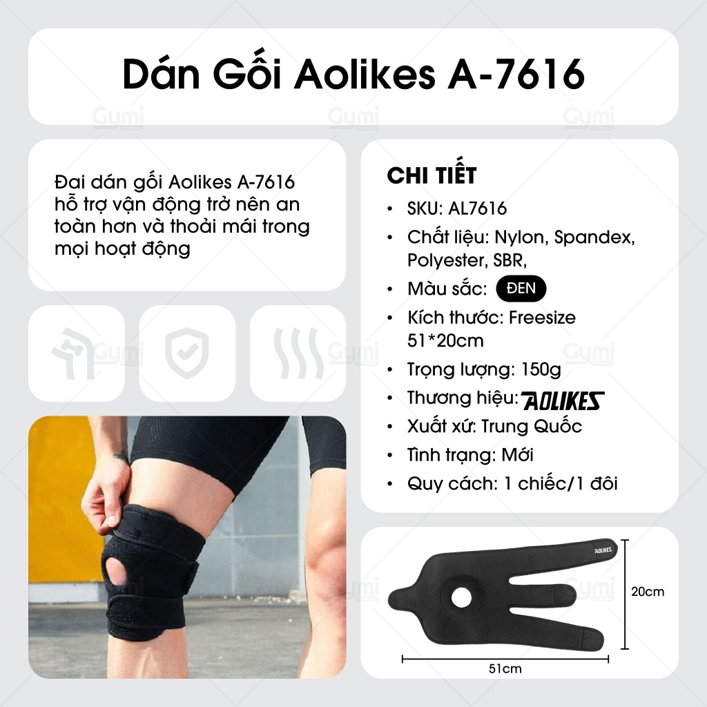 Băng Bảo Vệ Đầu Gối Aolikes A-7616 - Đai Dán Gối Khi Tập Gym Tập Thể Thao Cao Cấp Chính Hãng - AL7616