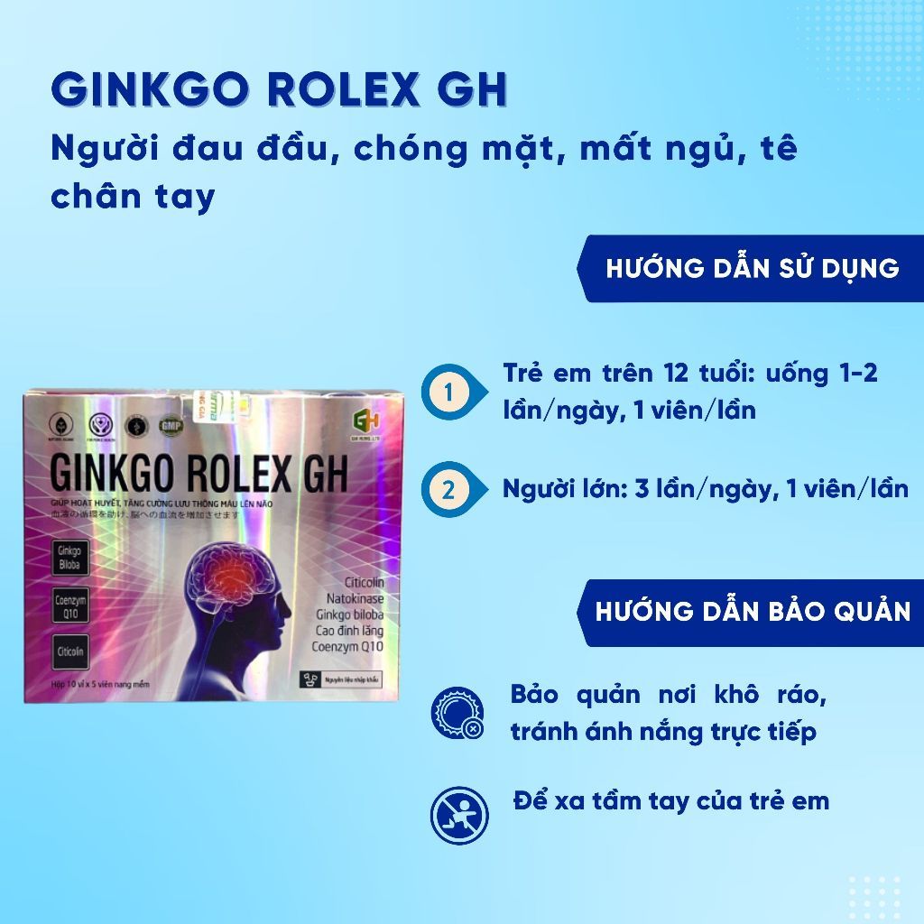 Viên Uống Ginkgo Rolex GH Bạch Quả Giúp Hoạt Huyết Tăng Cường Lưu Thông Máu Lên Dưỡng Não Hộp 10 Vỉ x 5 Viên