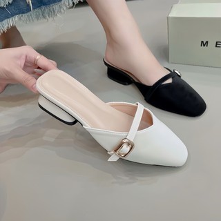 DÉP SỤC MŨI NHỌN Gót cao 3 Phân chất da mờ lì 2 màu Đen Kem Giày Bánh Bèo mã Sục DD Cổ Tim
