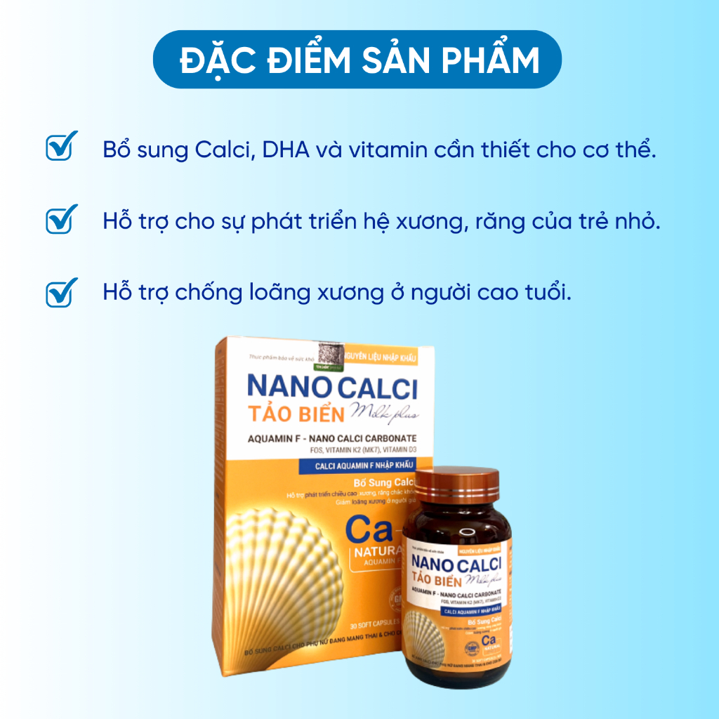 Viên uống Canxi Hữu cơ  Nano Tảo Biển Milk Plus Hỗ Trợ Phát Triển Chiều Cao Giảm Loãng Xương, không gây sỏi thận