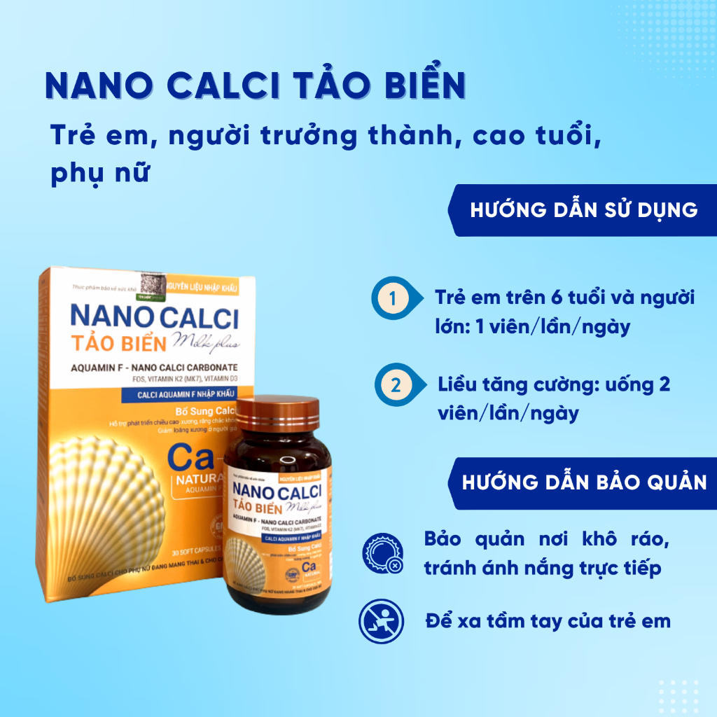 Viên uống Canxi Hữu cơ  Nano Tảo Biển Milk Plus Hỗ Trợ Phát Triển Chiều Cao Giảm Loãng Xương, không gây sỏi thận