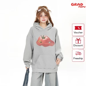 Áo hoodie nữ GRADPOPU PH23 dáng rộng in hình cà chua đơn giản chất nỉ 2 lớp dày dặn có mũ trùm đầu phong cách retro Mỹ