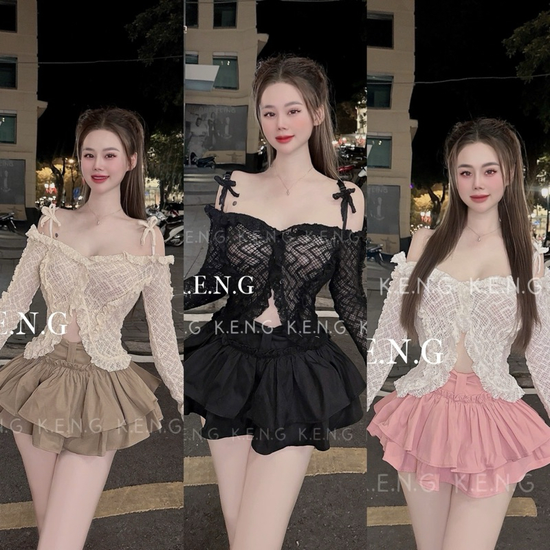 Set áo ren bánh bèo tiểu thư chân váy tầng có lót quần