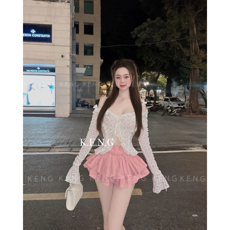 Set áo ren bánh bèo tiểu thư chân váy tầng có lót quần