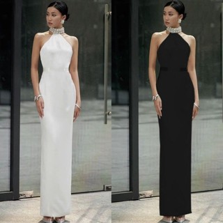 Đầm dạ hội cổ yếm đính đá siêu sang ko hở lưng tặng hoa tai