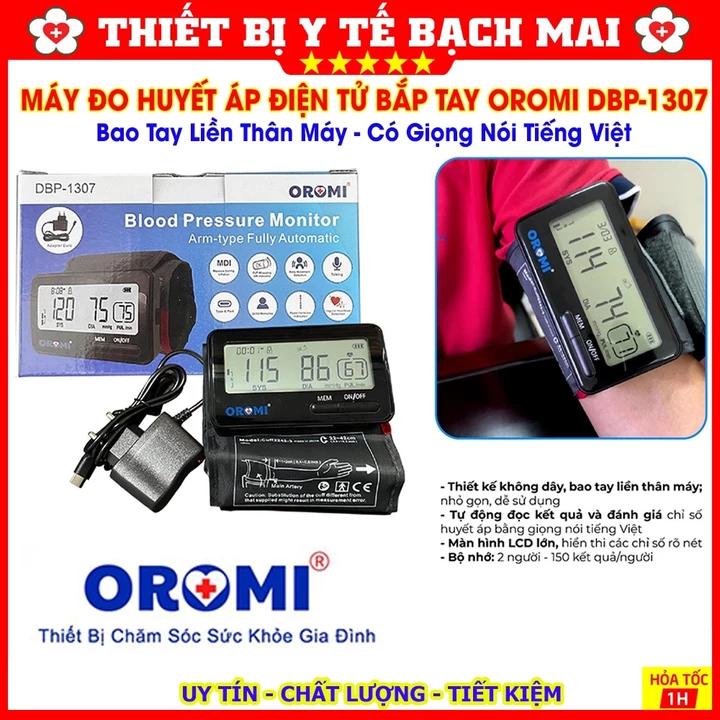 OROMI DBP-1307 - Máy Đo Huyết Áp Điện Tử Bắp Tay | Bao Tay Liền Thân Máy | Đọc Kết Quả Tiếng Việt