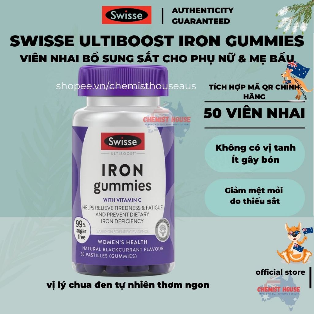 [Hàng Úc] Swisse Iron Gummies 50 Viên Nhai Bổ Sung Sắt Cho Mẹ Bầu, Bú