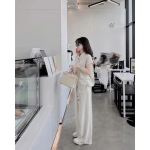 Set Bộ Đũi Kẻ Sọc Áo Sơ Mi Tay Hến Quần Ống Suông Dài, Đồ Bộ Nữ Cát Tường Công Sở Thanh Lịch - CHAMIE STUDIO