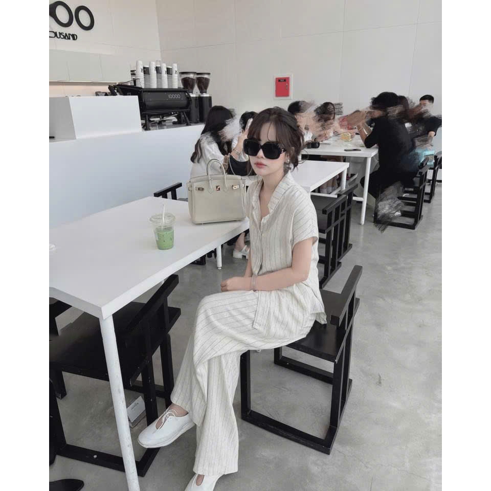 Set Bộ Đũi Kẻ Sọc Áo Sơ Mi Tay Hến Quần Ống Suông Dài, Đồ Bộ Nữ Cát Tường Công Sở Thanh Lịch - CHAMIE STUDIO
