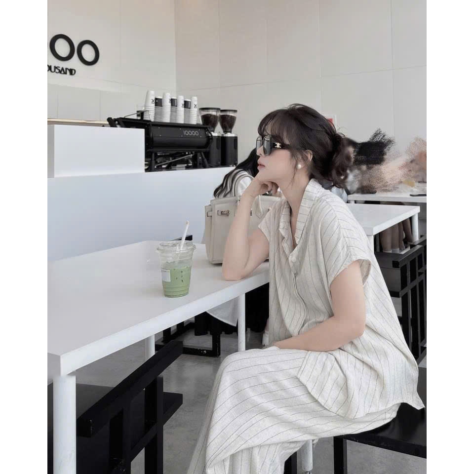 Set Bộ Đũi Kẻ Sọc Áo Sơ Mi Tay Hến Quần Ống Suông Dài, Đồ Bộ Nữ Cát Tường Công Sở Thanh Lịch - CHAMIE STUDIO