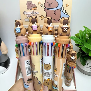 Bút bi bấm 10 màu Capybara, gấu dâu, labubu kuromi gấu trúc, bút bi bấm 10 màu tiện lợi