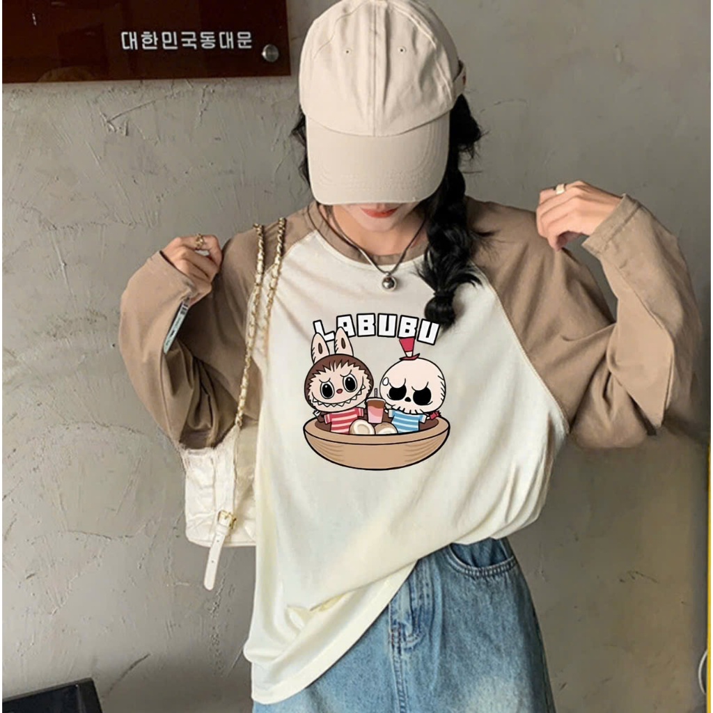 Áo dài tay nữ in hình Labubu JULY fashion, Áo thun nữ tay dài phối màu in hình labubu trẻ trung, chất cotton xược mềm