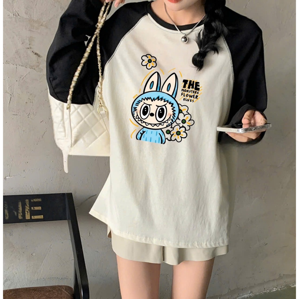 Áo dài tay nữ in hình Labubu JULY fashion, Áo thun nữ tay dài phối màu in hình labubu trẻ trung, chất cotton xược mềm