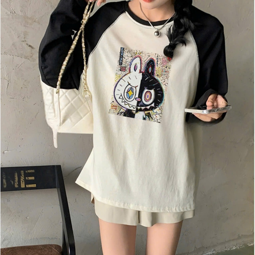 Áo dài tay nữ in hình Labubu JULY fashion, Áo thun nữ tay dài phối màu in hình labubu trẻ trung, chất cotton xược mềm