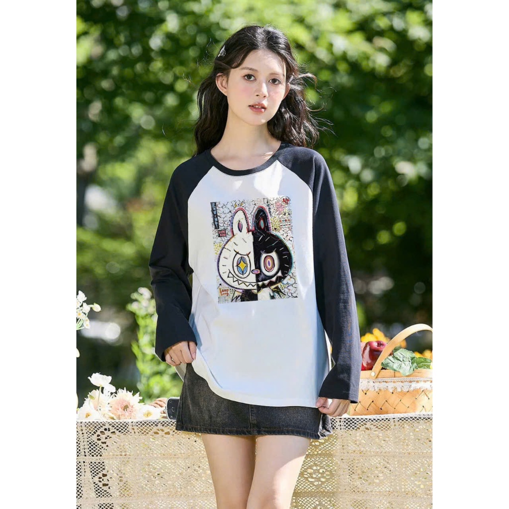 Áo dài tay nữ in hình Labubu JULY fashion, Áo thun nữ tay dài phối màu in hình labubu trẻ trung, chất cotton xược mềm