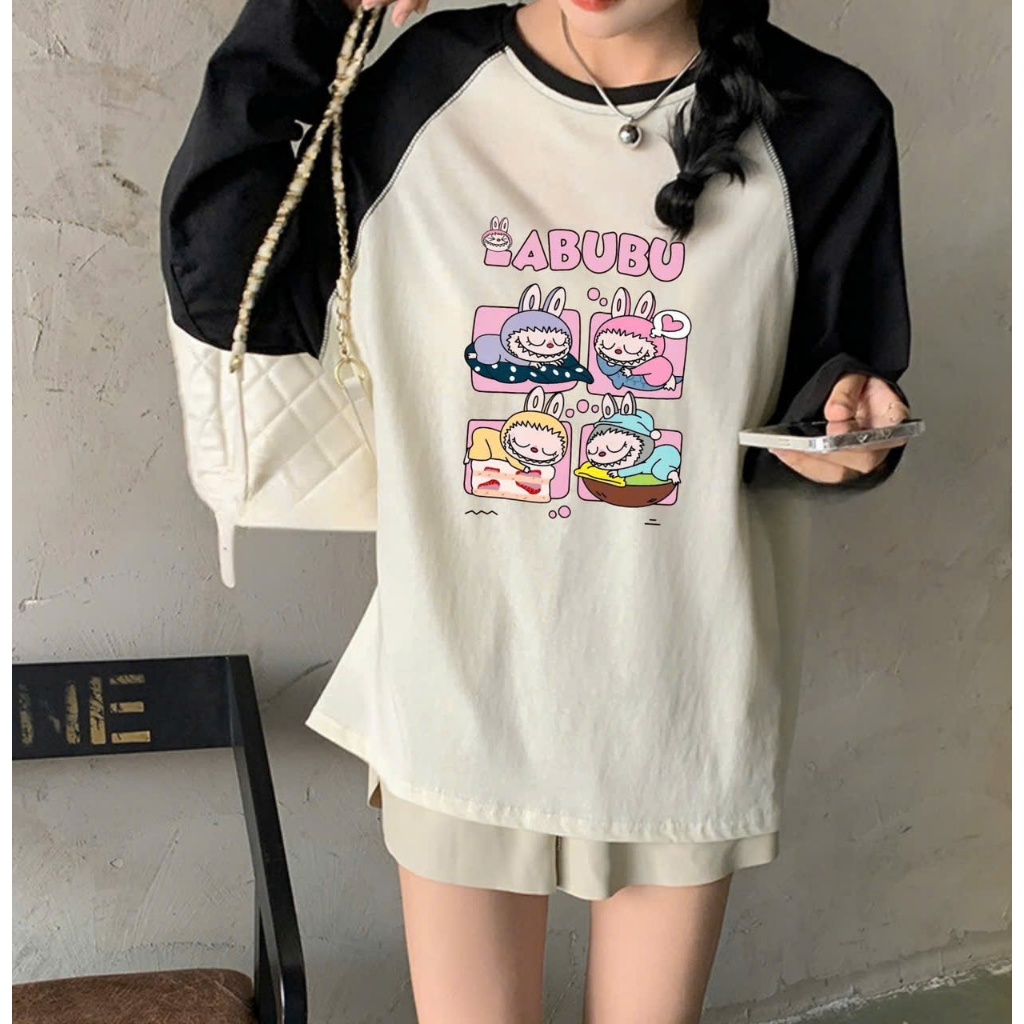 Áo dài tay nữ in hình Labubu JULY fashion, Áo thun nữ tay dài phối màu in hình labubu trẻ trung, chất cotton xược mềm