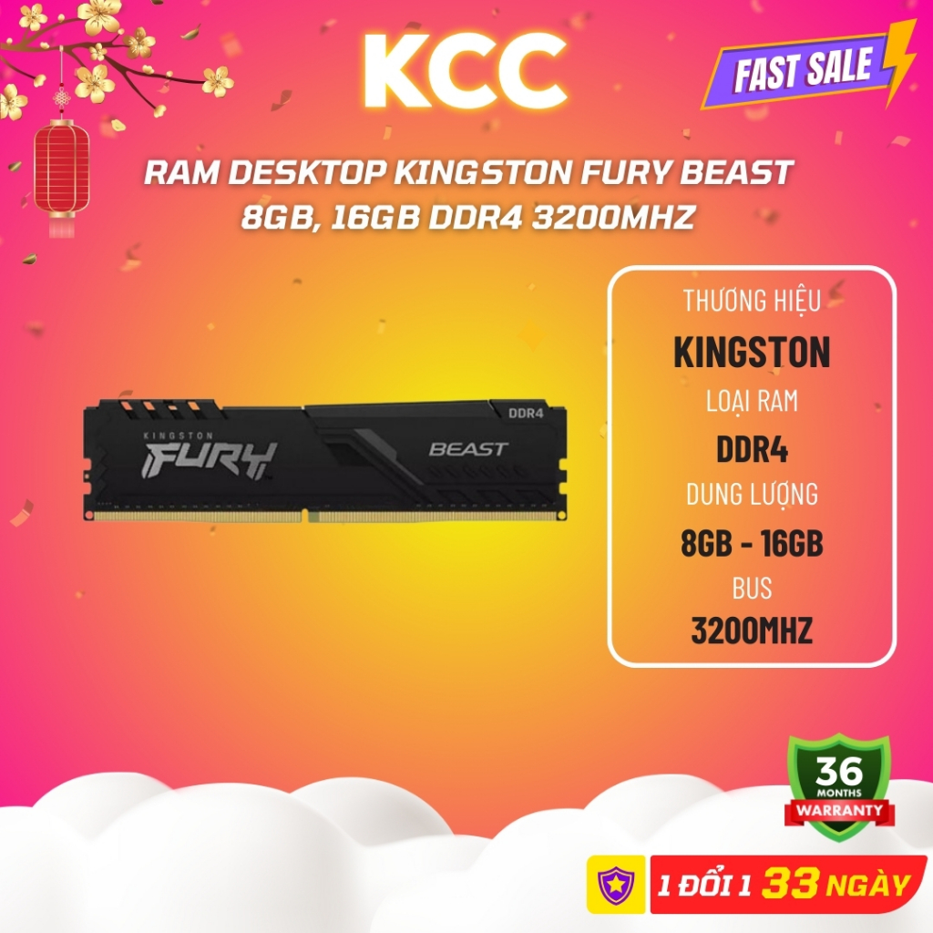 Kingston Fury Beast 32GB DDR4 3200Mhz Non ECC DIMM Desktop Memory Single Module (kf432c16bb 32) I.89762129
