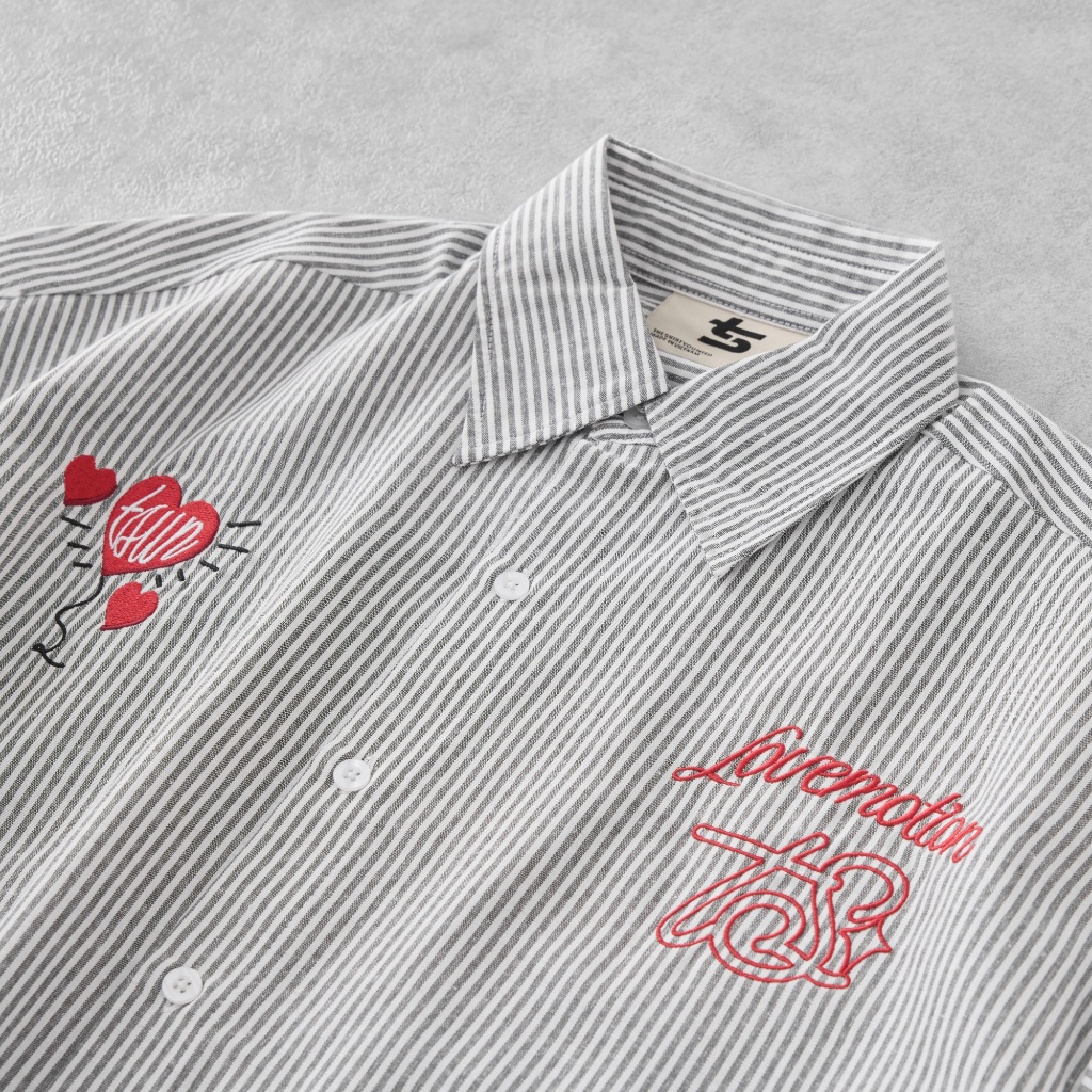 Ảnh Áo Sơ Mi Trái Tim Thêu, Sọc Đen Trắng - Brand TSUN Chính Hãng - Lovemotion Shirt - Uniex, Vải Oxford 3