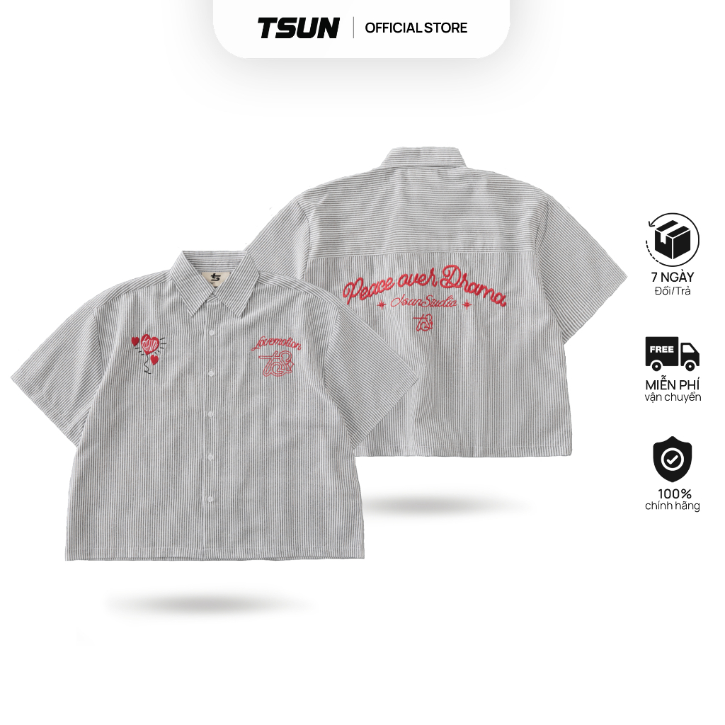Ảnh Áo Sơ Mi Trái Tim Thêu, Sọc Đen Trắng - Brand TSUN Chính Hãng - Lovemotion Shirt - Uniex, Vải Oxford 1