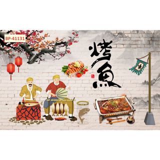 Tranh dán tường vải lụa 3D giành cho nhà hàng lẩu nướng hình chibi dễ thương