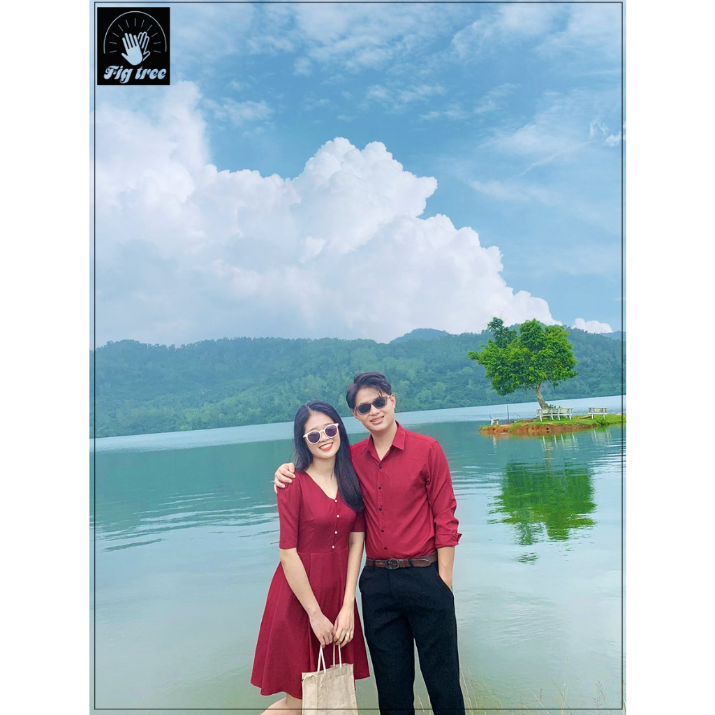 Sơ Mi Váy Đôi Fig Tree Màu Đỏ Đô Nút Ngọc Cao Cấp Cho Couple đi tiệc, Đi Chơi, Chụp Hình Cưới