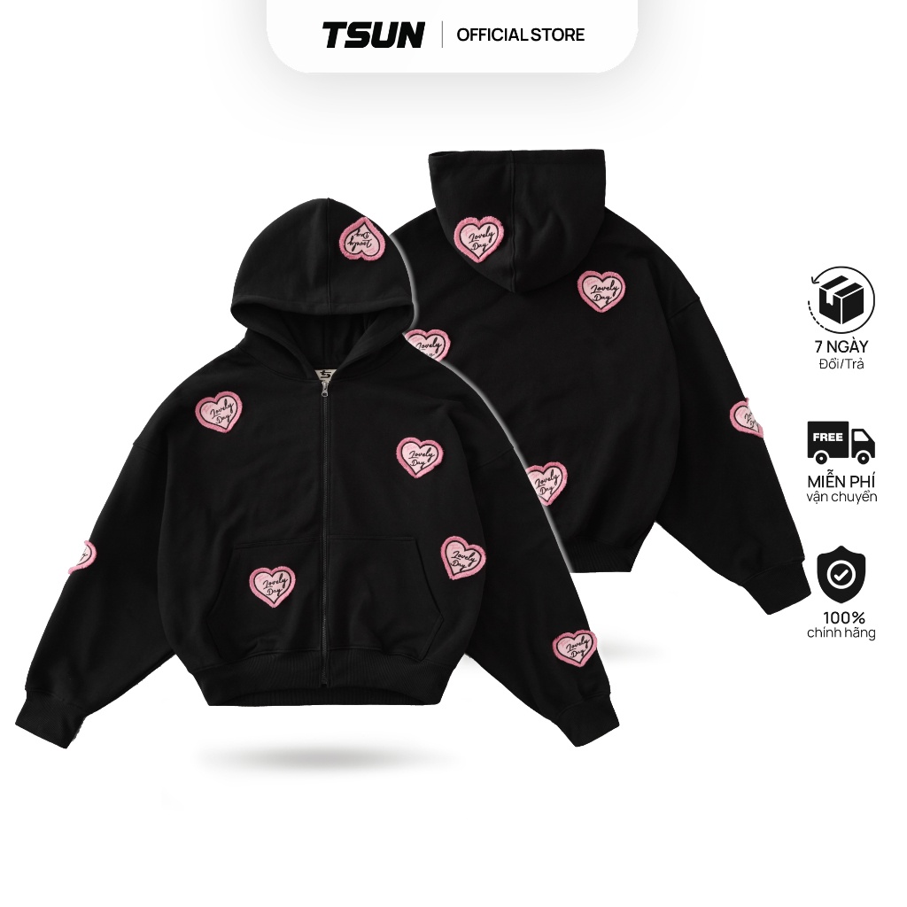 Ảnh Áo Khoác Nỉ Hoodie Zip Đen Thêu Trái Tim Brand TSUN Chính Hãng Lovely UNISEX, Oversize, Streetwear 1
