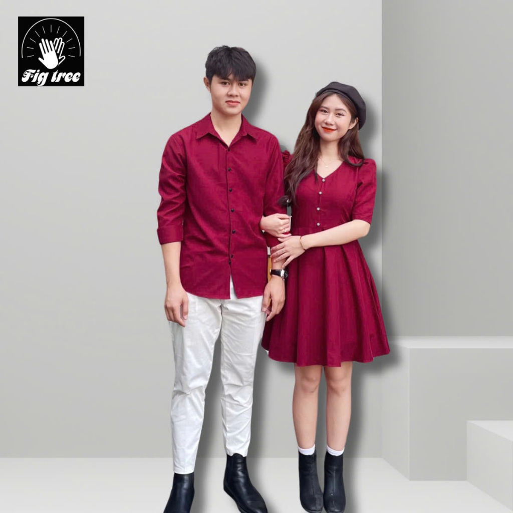Sơ Mi Váy Đôi Fig Tree Màu Đỏ Đô Nút Ngọc Cao Cấp Cho Couple đi tiệc, Đi Chơi, Chụp Hình Cưới