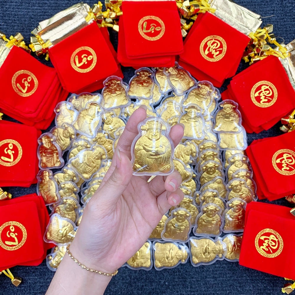 [HỎA TỐC] Combo 10 Thỏi Vía Ông Thần Tài Mạ Vàng Kèm Túi Gấm Phúc, Lộc , Quà Tết