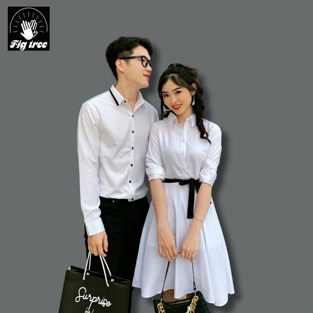 Đồ Đôi Áo Sơ Mi Nam Váy Nữ Fig Tree Màu Trắng Phối Viền Cổ Đen Siêu Sang Cho Couple