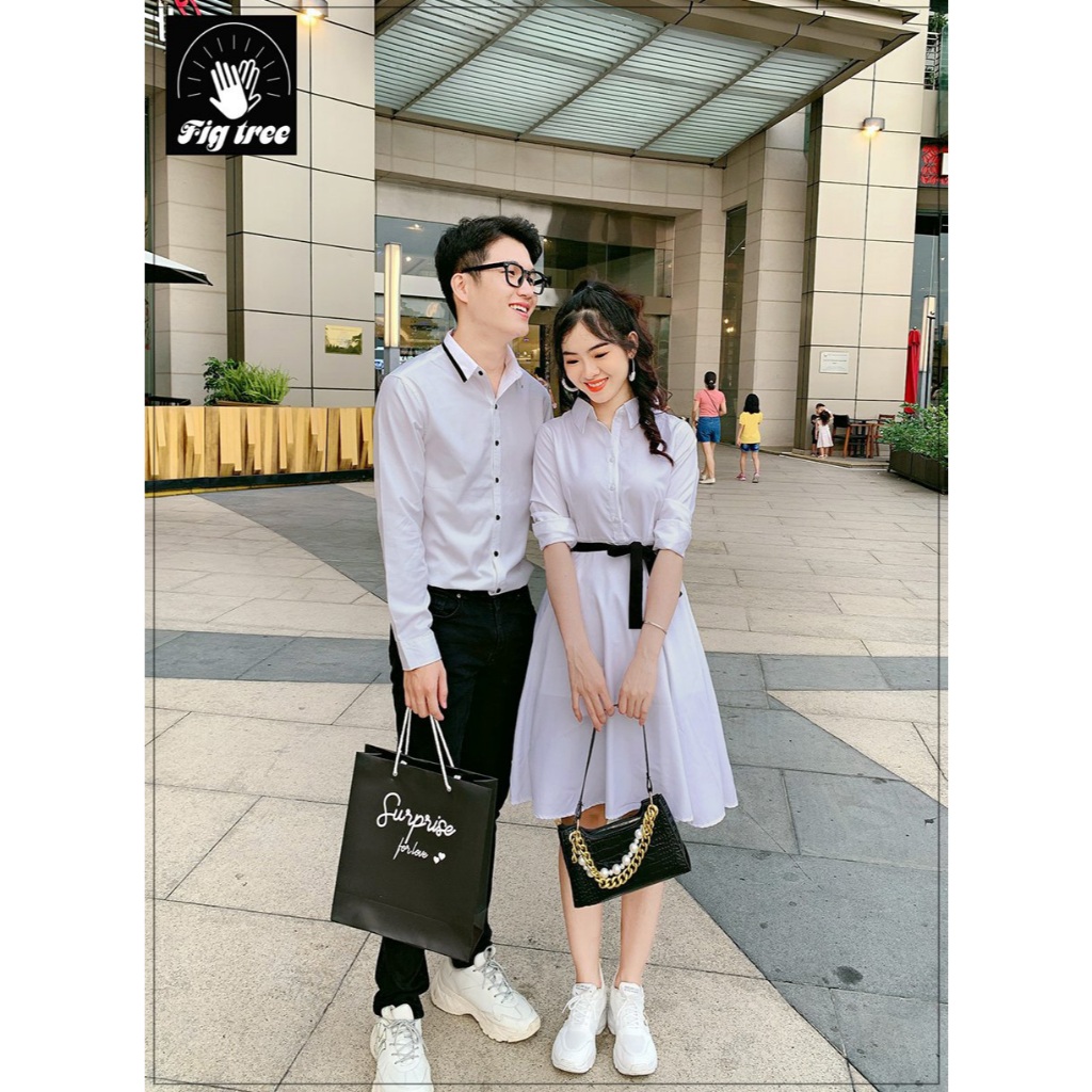 Đồ Đôi Áo Sơ Mi Nam Váy Nữ Fig Tree Màu Trắng Phối Viền Cổ Đen Siêu Sang Cho Couple